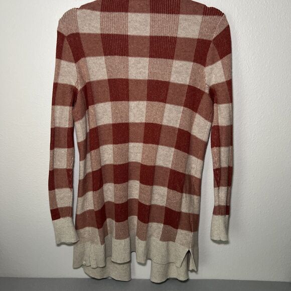Eddie Bauer Open Front Cardigan Size Medium Pockets Dark Red Check - Picture 2 of 8